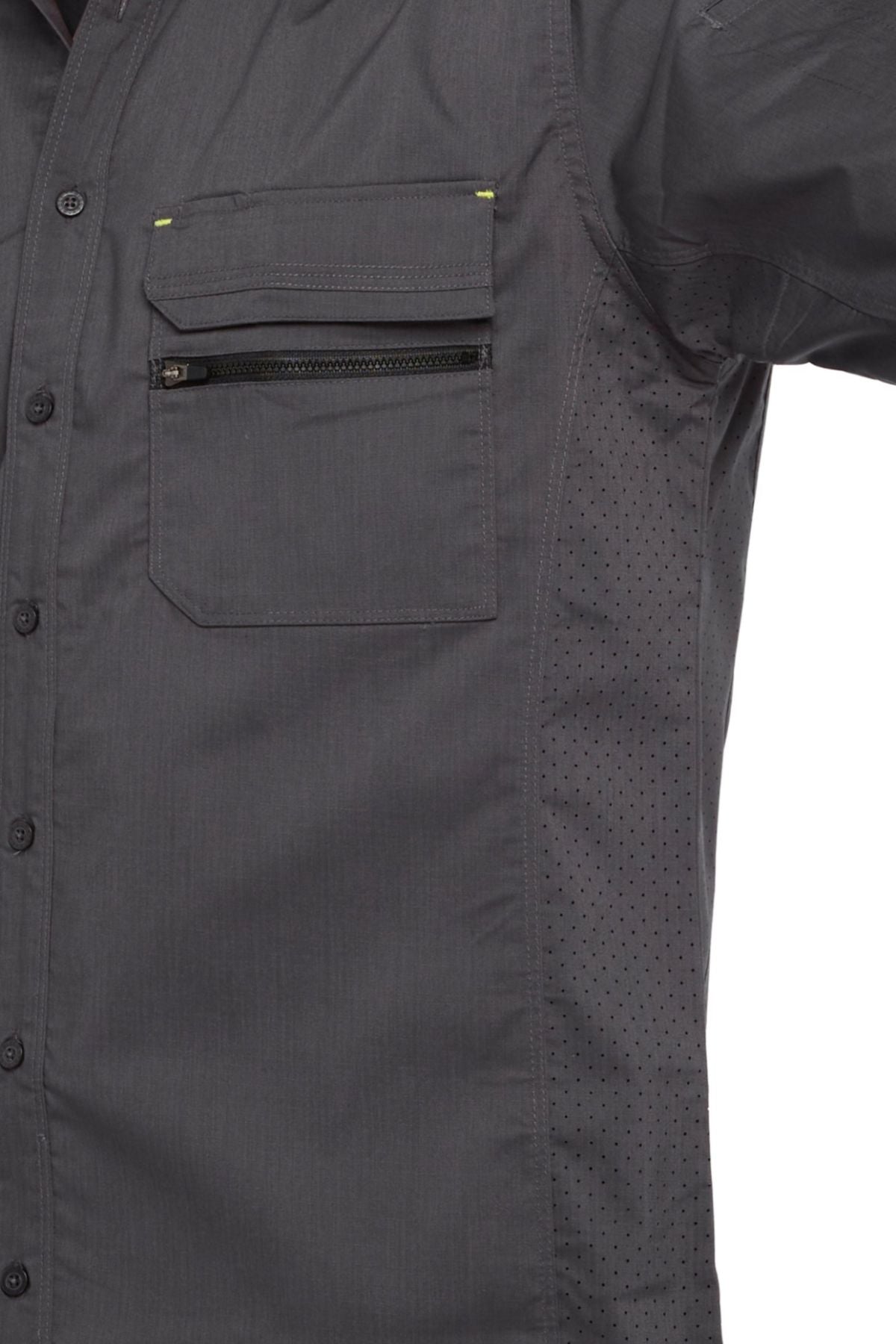 Close-up of a dark grey Bisley X Airflow Stretch Ripstop Shirt featuring a zippered front chest pocket, buttoned flap, and perforated side panel detailing.