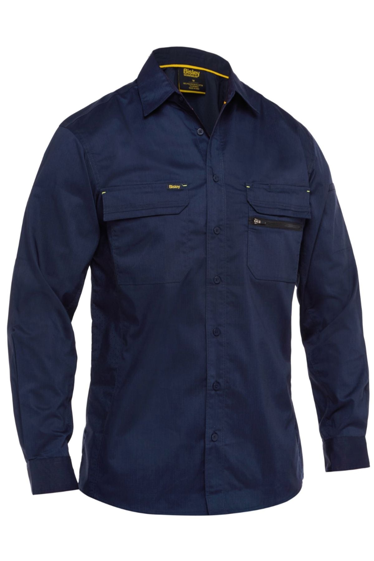 The Bisley X Airflow Stretch Ripstop Shirt in navy features long sleeves, two chest pockets, a collar, and ventilation panels for all-day comfort. Shown on a plain white background.