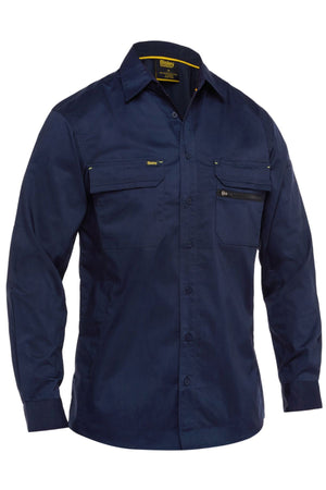 The Bisley X Airflow Stretch Ripstop Shirt in navy features long sleeves, two chest pockets, a collar, and ventilation panels for all-day comfort. Shown on a plain white background.