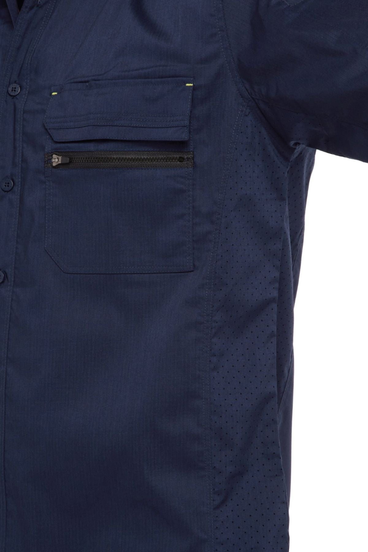 Close-up of the Bisley X Airflow Stretch Ripstop Shirt in navy, showcasing a buttoned chest pocket, zippered pocket above, and side perforated mesh panels for better ventilation.