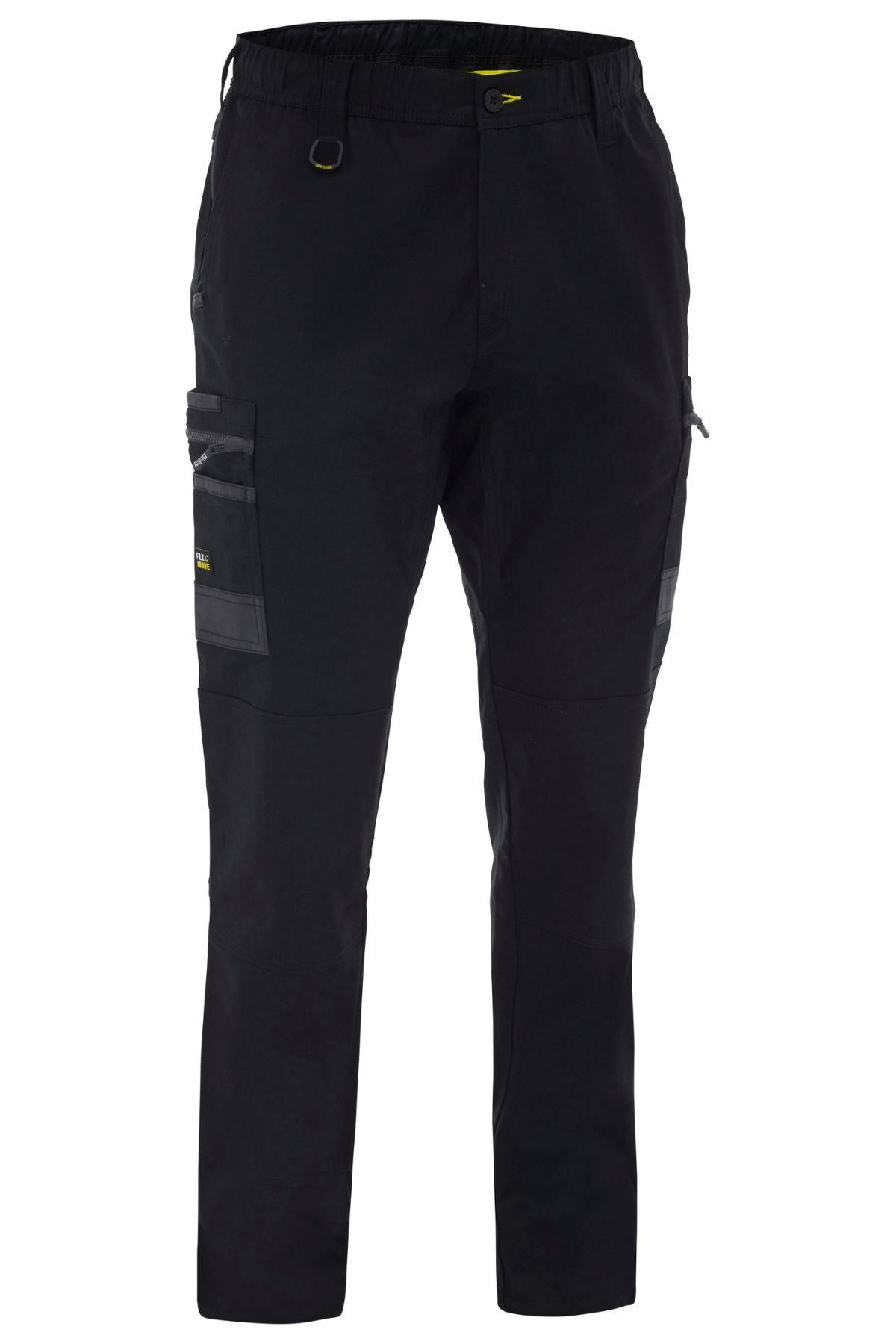 The Bisley Flex & Move Stretch Canvas Elastic Waist Cargo Pant, featuring stretch cotton canvas, elastic waistband, multiple pockets, and reflective leg strips, is shown against a white background.
