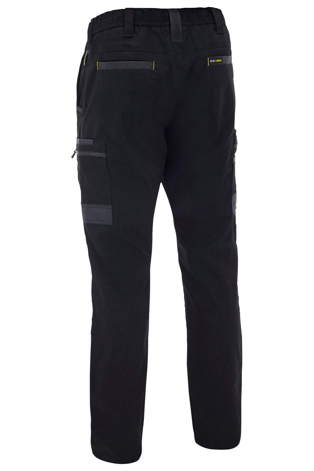 The Bisley Flex & Move Stretch Canvas Elastic Waist Cargo Pant shown from the back highlights multiple pockets, reinforced Cordura® fabric, and yellow stitching details on the waistband and pocket areas.