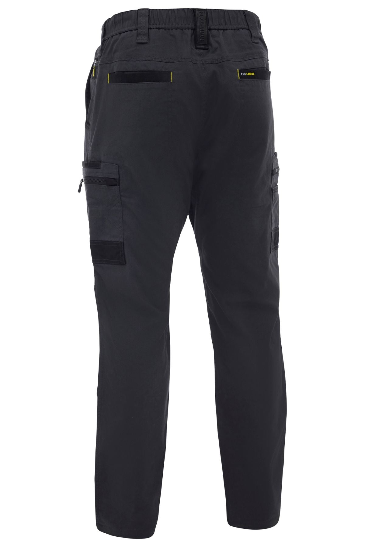 Rear view of the Bisley Flex & Move Stretch Canvas Elastic Waist Cargo Pant, featuring multiple leg and back pockets (zippered and flap), elastic waistband, and yellow accent stitching in stretch cotton canvas.