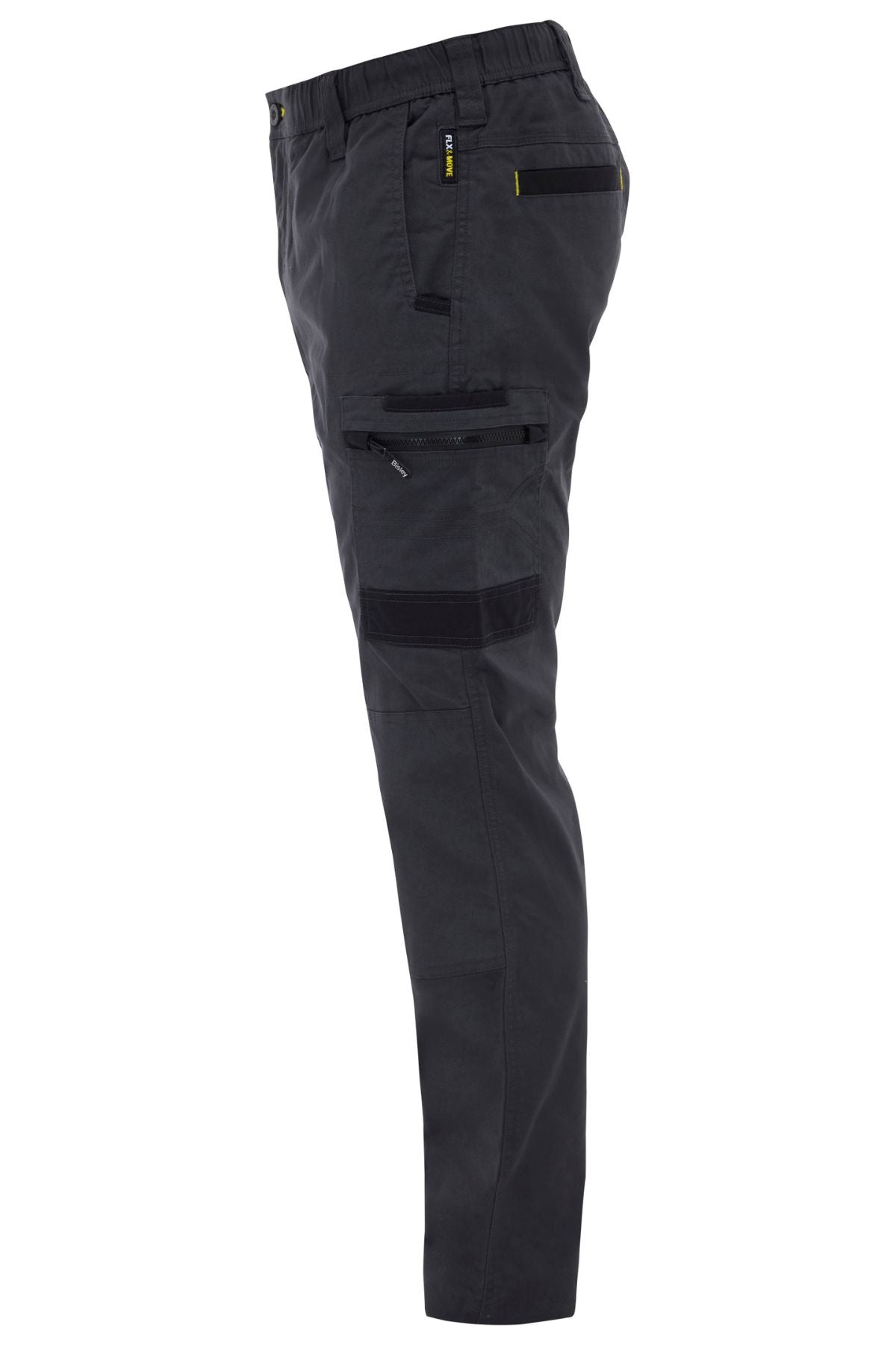 Side view of Bisley Flex & Move Stretch Canvas Elastic Waist Cargo Pant in black, featuring multiple zippered pockets, elastic waistband, and slim tapered fit, made from stretch cotton canvas for comfort and durability.