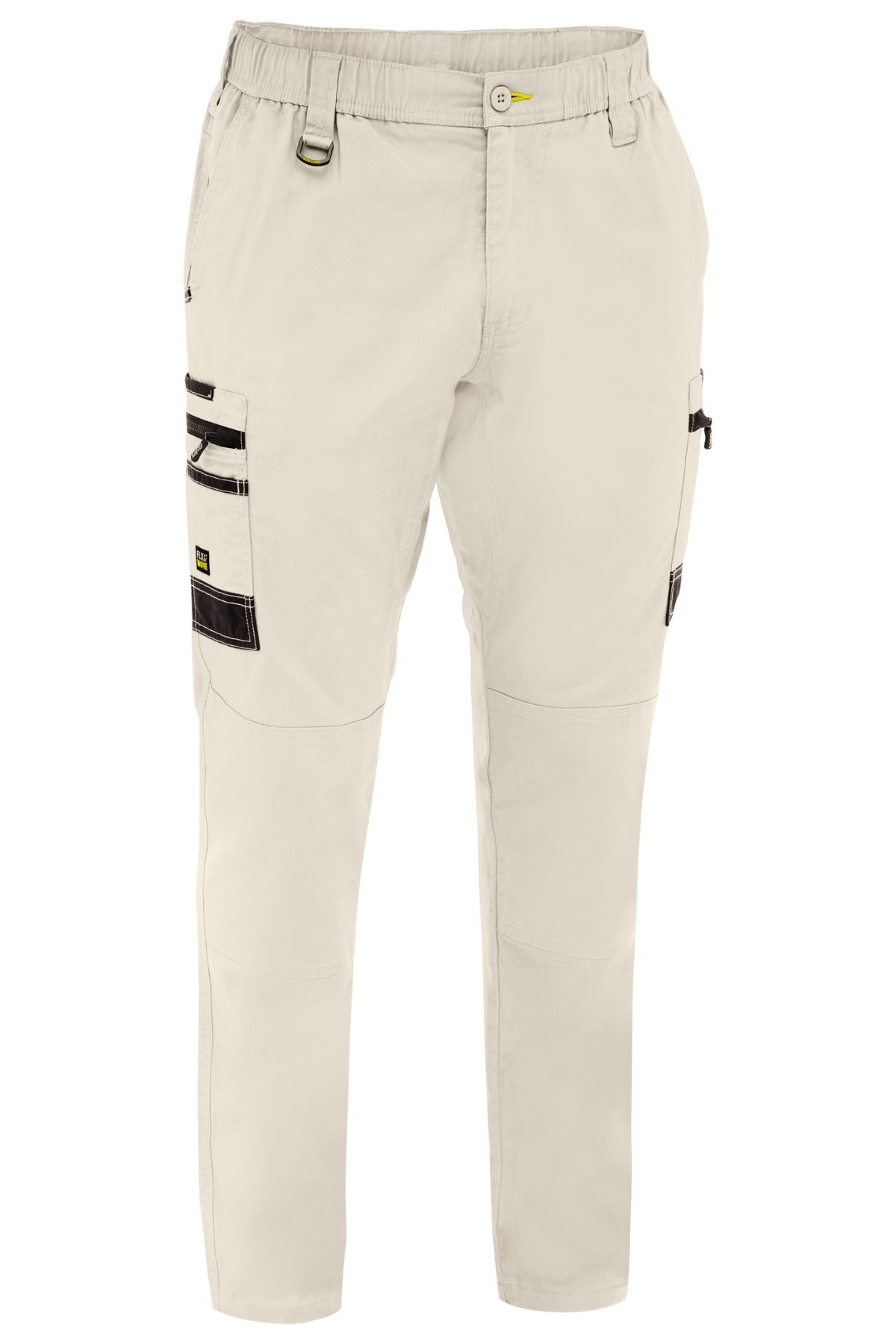 The Bisley Flex & Move Stretch Canvas Elastic Waist Cargo Pant features black zipper pockets, utility loops, reinforced Cordura knees, and an elastic waistband, all in beige stretch cotton canvas and shown against a white background.