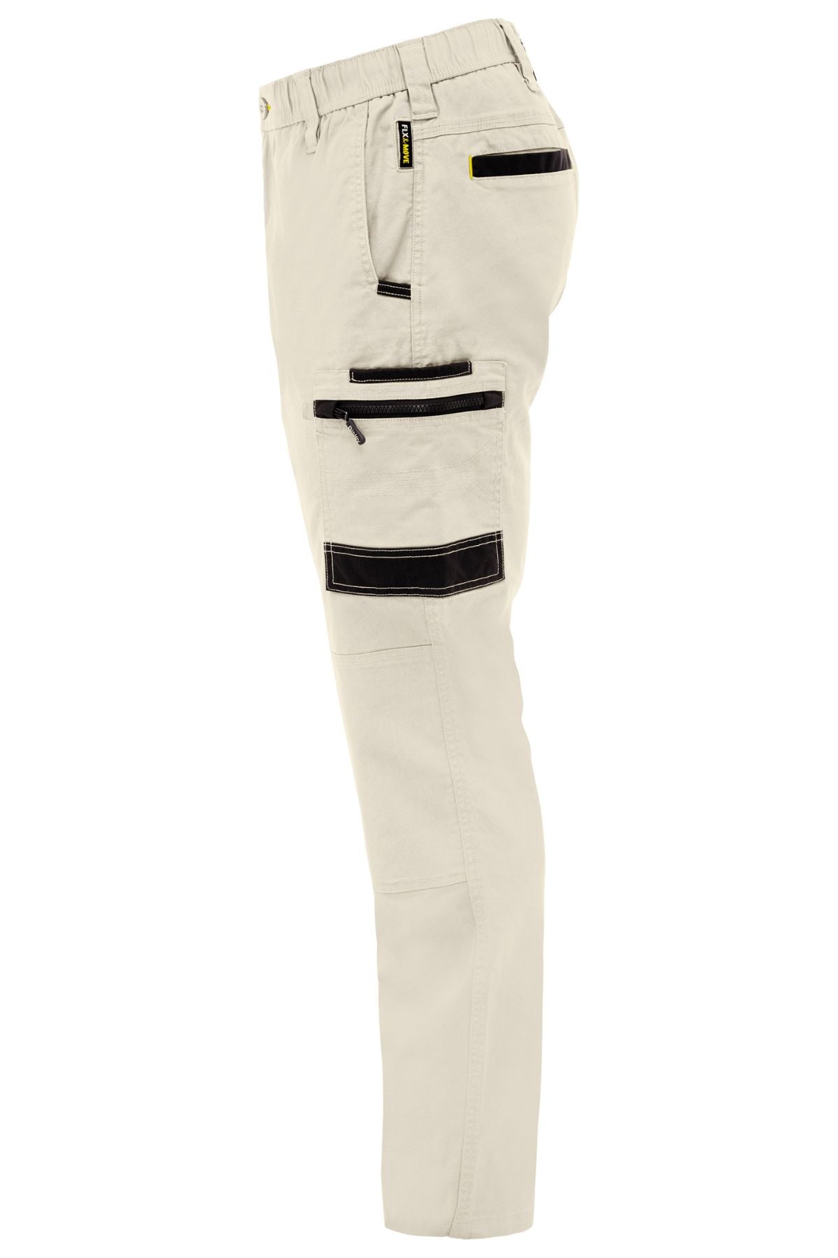 Side view of the Bisley Flex & Move Stretch Canvas Elastic Waist Cargo Pant in light beige, featuring stretch cotton canvas and multiple black zippered and flap thigh and hip pockets, shown against a white background.