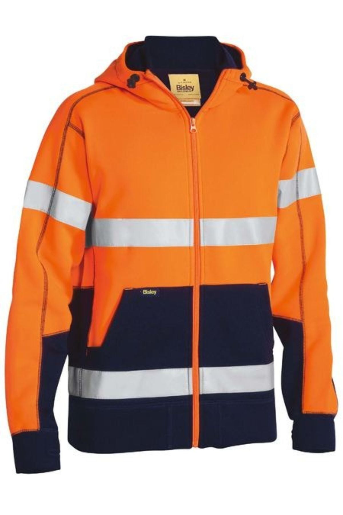 The Bisley Taped Hi Vis Fleece Hoodie with Sherpa Lining features high-visibility orange and navy, reflective silver stripes on chest and arms, a front zipper, pockets, and a warm sherpa-lined body.