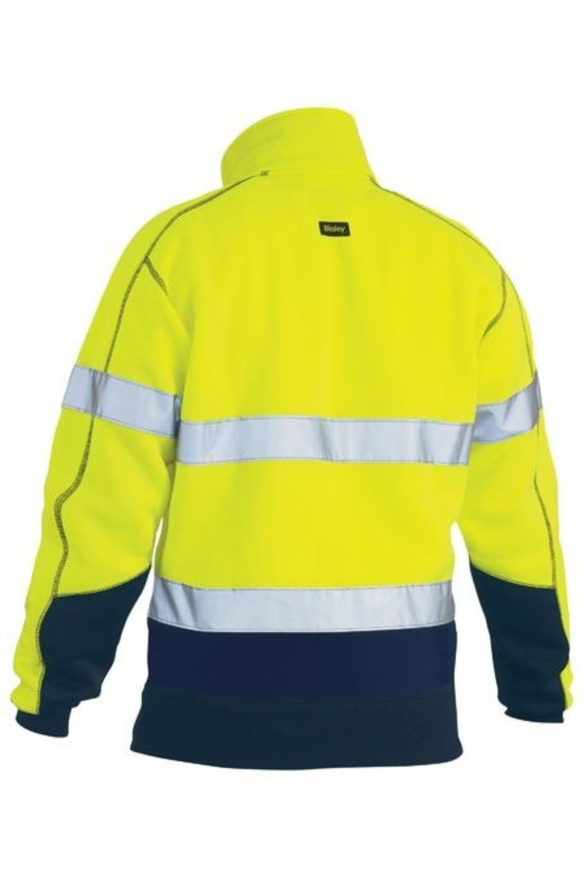 The Bisley Taped Hi Vis Fleece Pullover With Sherpa Lining features a yellow and navy design, seen from the back, with silver reflective tape forming horizontal stripes on the chest and arms for greater safety.