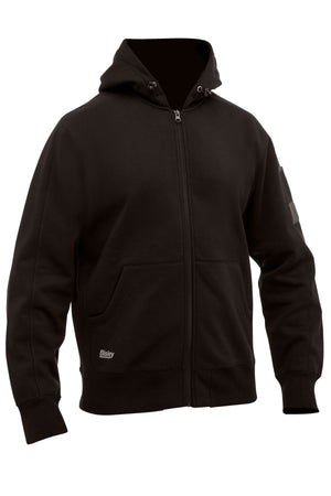 The Bisley Work Fleece Full Zip Hoodie features a plush inner, front pockets, ribbed cuffs and hem, and a subtle "Bisley" logo on the lower left front. Shown on a plain mannequin for classic comfort and style.
