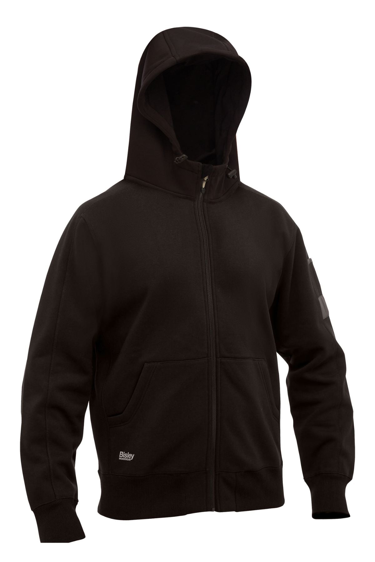 The Bisley Work Fleece Full Zip Hoodie in black features front pockets, a subtle logo on the lower left pocket, and a plush inner for added comfort, displayed on a white background.