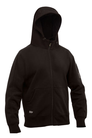 The Bisley Work Fleece Full Zip Hoodie in black features front pockets, a subtle logo on the lower left pocket, and a plush inner for added comfort, displayed on a white background.