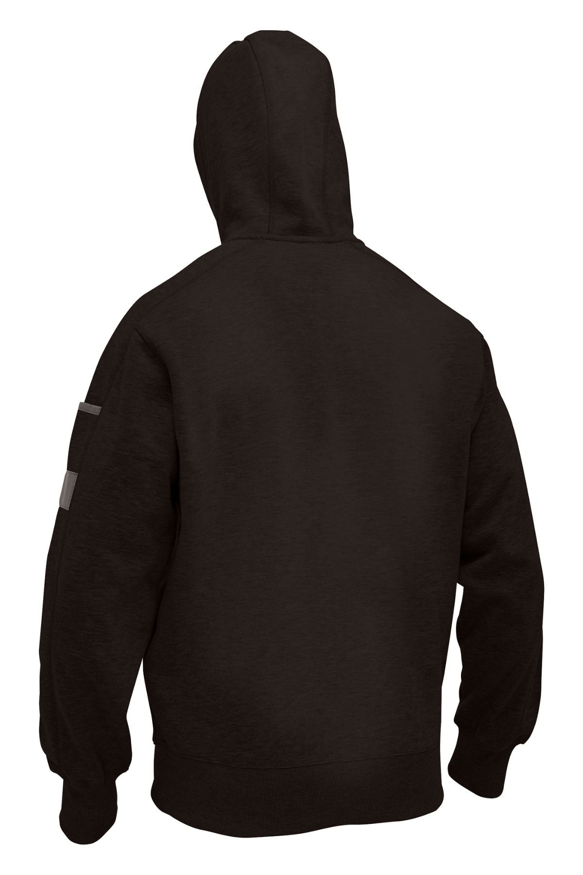 A person wearing a plain black Bisley Work Fleece Full Zip Hoodie, seen from the back with the hood up and arms relaxed. The hoodie features a small rectangular patch on one sleeve and a plush inner lining for comfort.