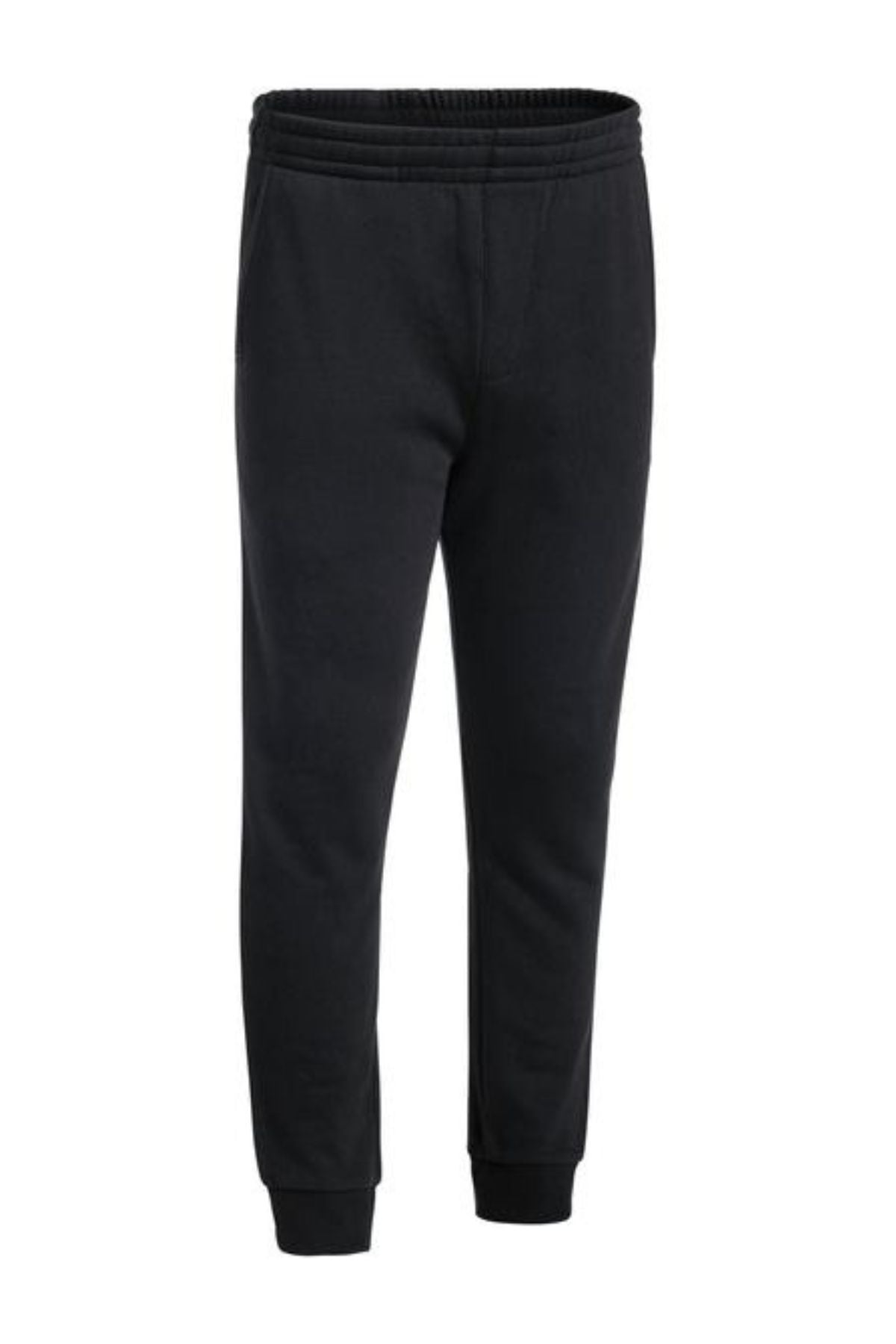 The Bisley Work Trackpant is a pair of slim fit black jogger sweatpants made from a soft cotton/polyester blend, featuring an elastic waistband and cuffs, shown against a white background.