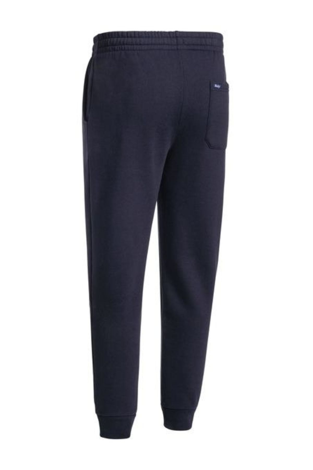 Rear view of Bisley Work Trackpant in dark navy blue, featuring a slim fit leg, elastic waistband, side pockets, and a single back pocket, displayed against a white background.
