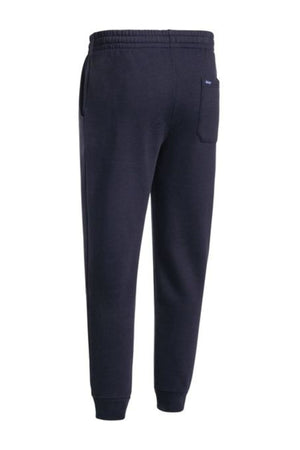 Rear view of Bisley Work Trackpant in dark navy blue, featuring a slim fit leg, elastic waistband, side pockets, and a single back pocket, displayed against a white background.