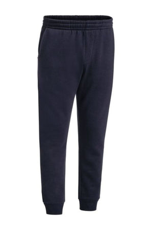 The Bisley Work Trackpant is a dark navy blue sweatpant featuring an elasticated waistband, side pockets, and slim fit legs, displayed against a white background.