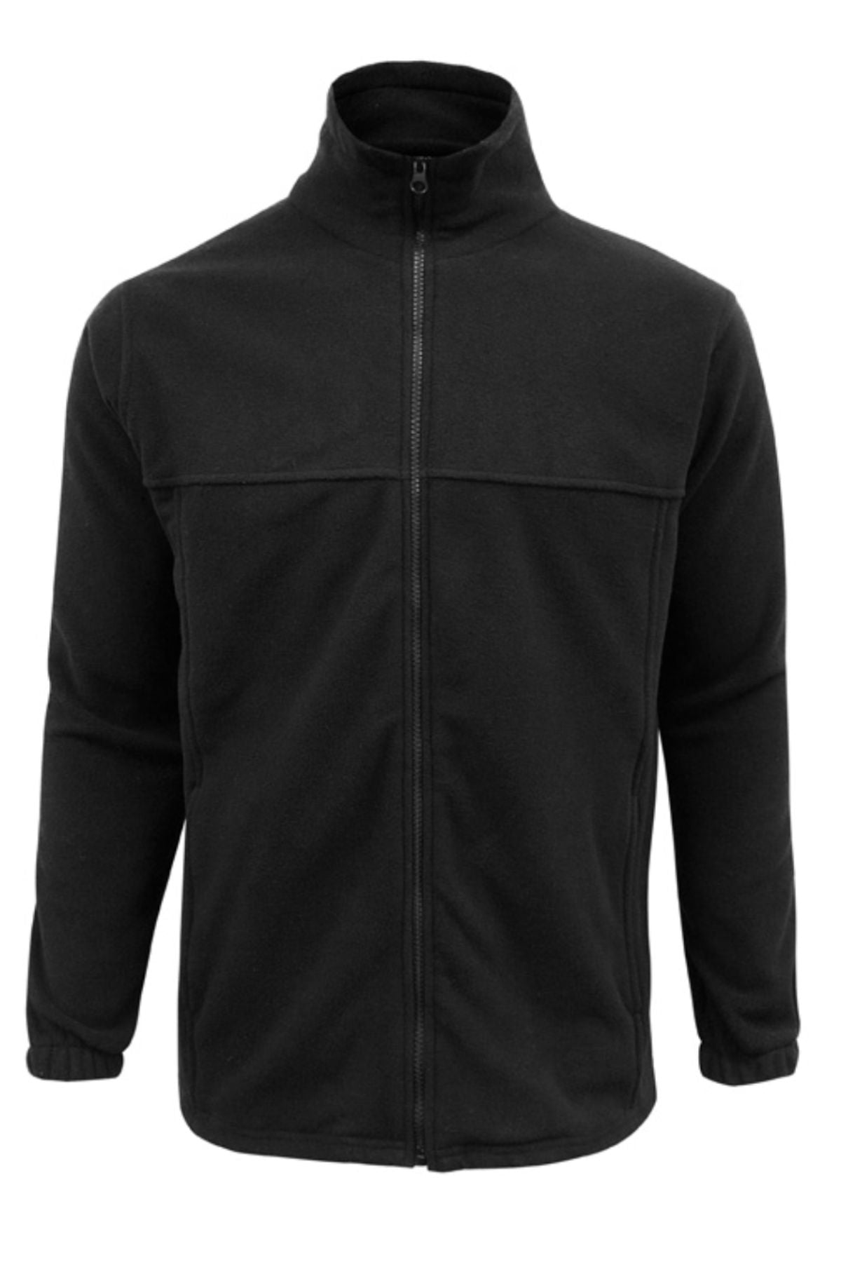 The Biz Collection Plain Micro Fleece Jacket in black features a full zip front, high collar, long sleeves, and elastic cuffs. Made from 100% polyester micro fleece and shown on a plain white background.