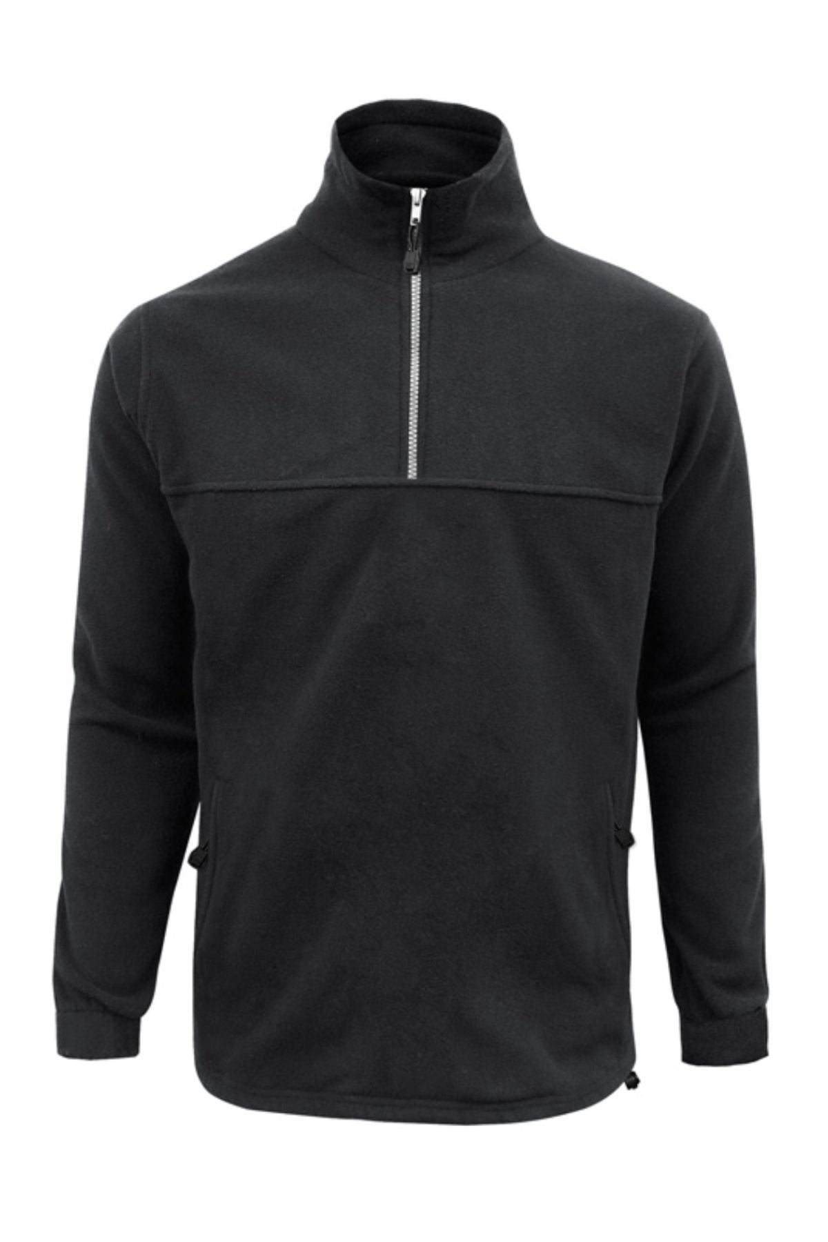 The Biz Collection Plain Zip Front Fleece is a black men's long-sleeve jumper featuring a high collar, half-zip front, and two zippered pockets—ideal for staying stylish and warm in winter.
