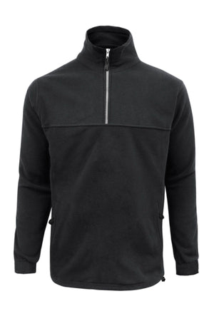 The Biz Collection Plain Zip Front Fleece is a black men's long-sleeve jumper featuring a high collar, half-zip front, and two zippered pockets—ideal for staying stylish and warm in winter.