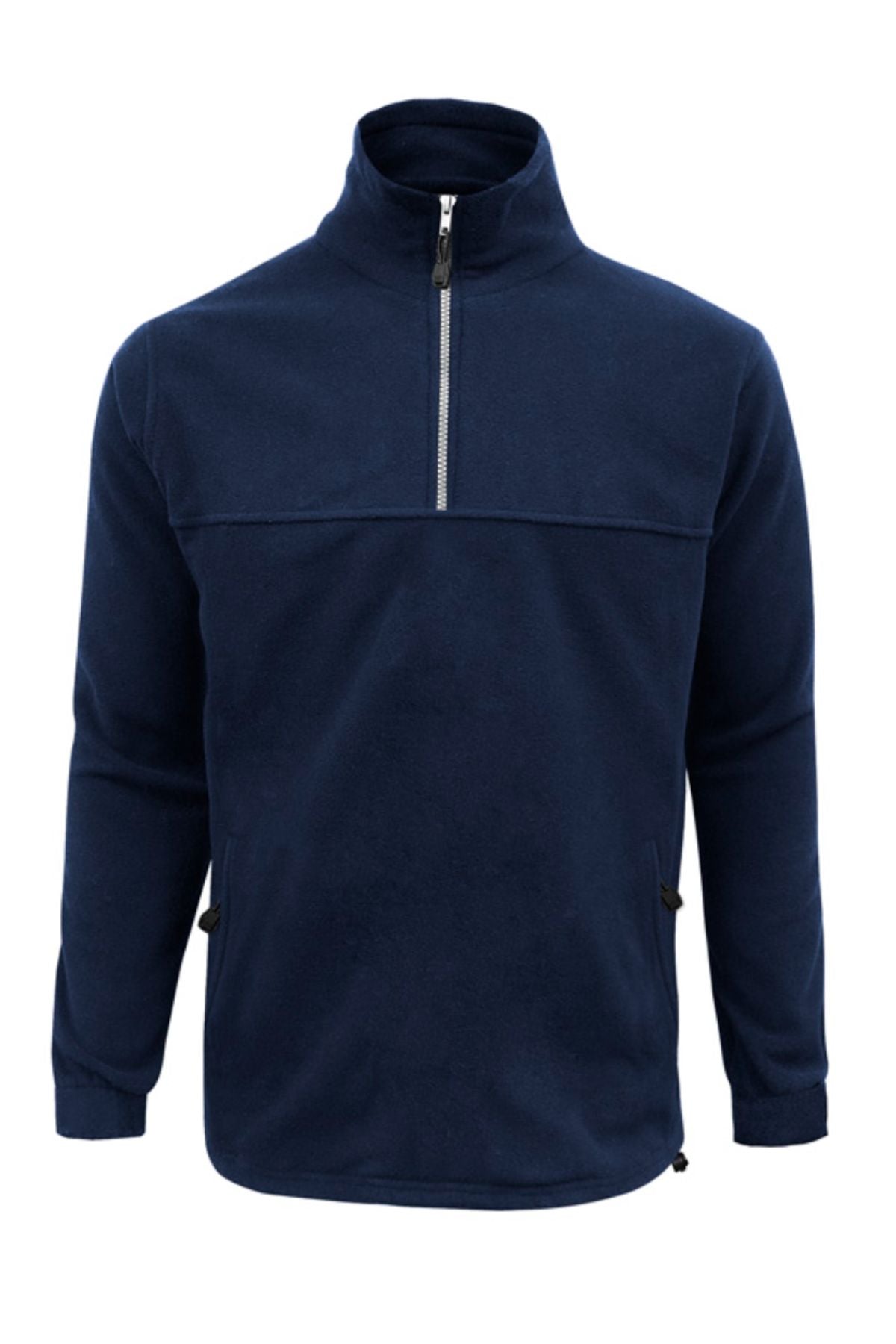 The Biz Collection Plain Zip Front Fleece is a navy blue polyester jumper featuring a high collar, half-zip front, long sleeves, and zippered side pockets—perfect for effortless style.