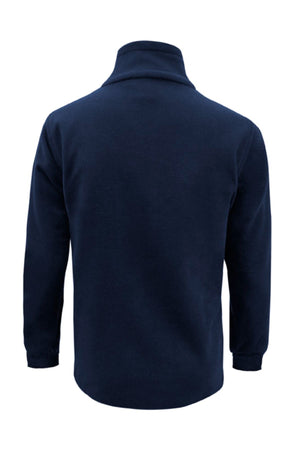 The Biz Collection Plain Zip Front Fleece is a long-sleeved, navy blue polyester jumper with a high collar and simple, undecorated design, shown from the back.