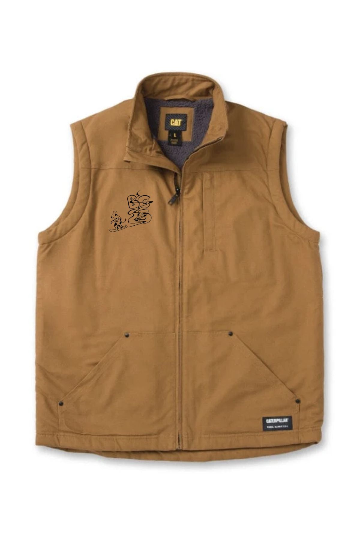 The Blue Cow Perisher Sherpa Lined Vest PRE-ORDER features a zip-up front, warm Sherpa lining, two large lower pockets, a chest pocket, and a small embroidered cartoon cat with fish on the left chest.