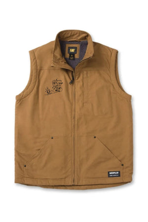 The Blue Cow Perisher Sherpa Lined Vest PRE-ORDER features a zip-up front, warm Sherpa lining, two large lower pockets, a chest pocket, and a small embroidered cartoon cat with fish on the left chest.