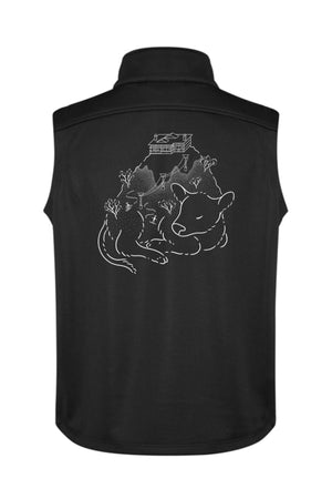 The Blue Cow Perisher Softshell Vest PRE-ORDER features a white line drawing of a cow lying down with trees, bushes, and a farmhouse on the back. Inspired by Blue Cow Perisher. Now available for pre-order.