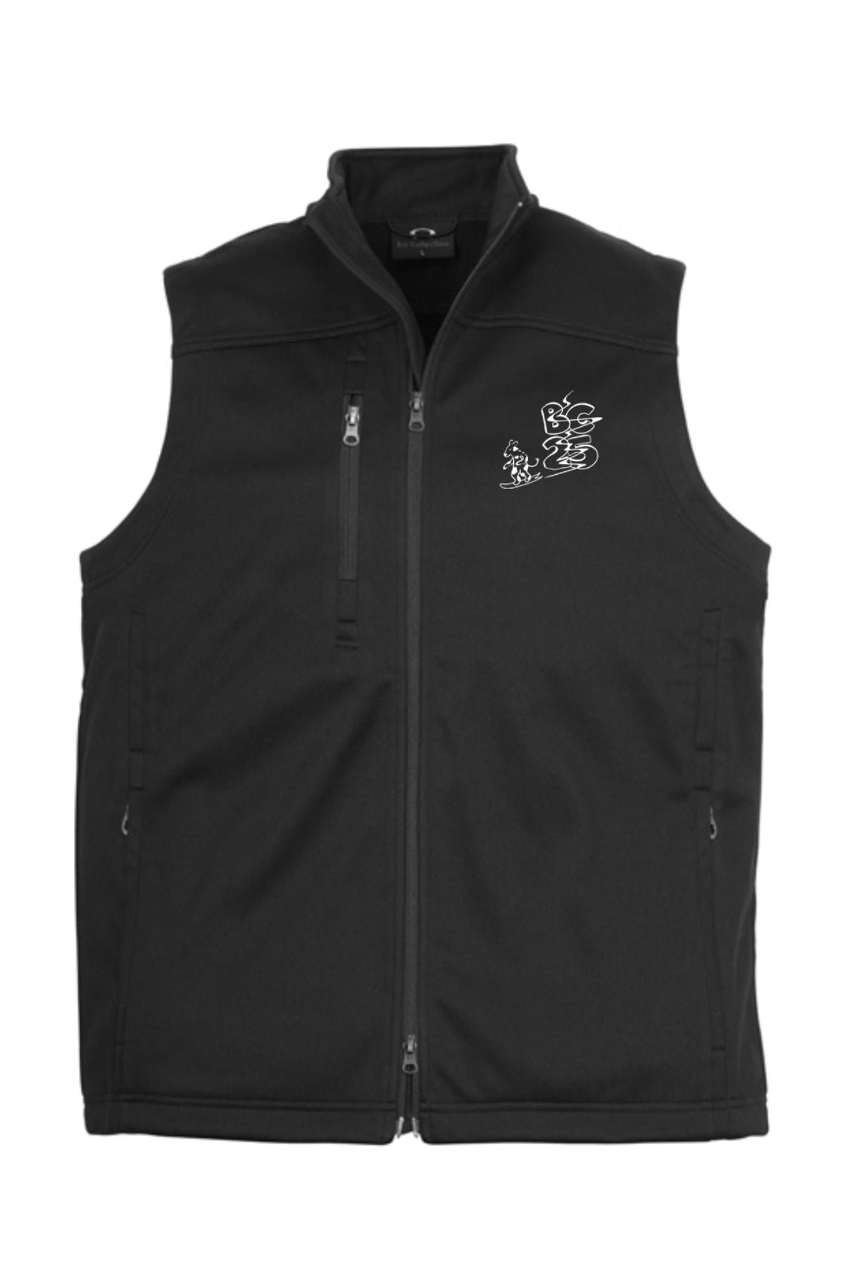 The Blue Cow Perisher Softshell Vest features a black design, zippered chest and side pockets, and a white embroidered "Don't Tread on Me" snake on the upper left chest. Pre-order now!.