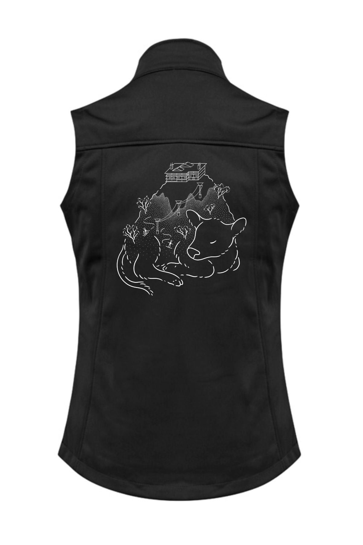Pre-order the Blue Cow Perisher Womens Softshell Vest: black, sleeveless, with a white line art of a cow resting in grass, rabbits nearby, and a house in the background—exclusive to Blue Cow Perisher.