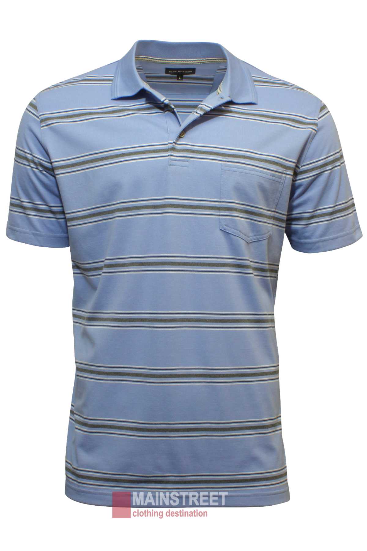 The Blue Horizon Jersey Striped Polo features light blue cotton/polyester fabric, a collar, front pocket, and horizontal stripes in white, dark blue, and gray. Shown on a plain white background.