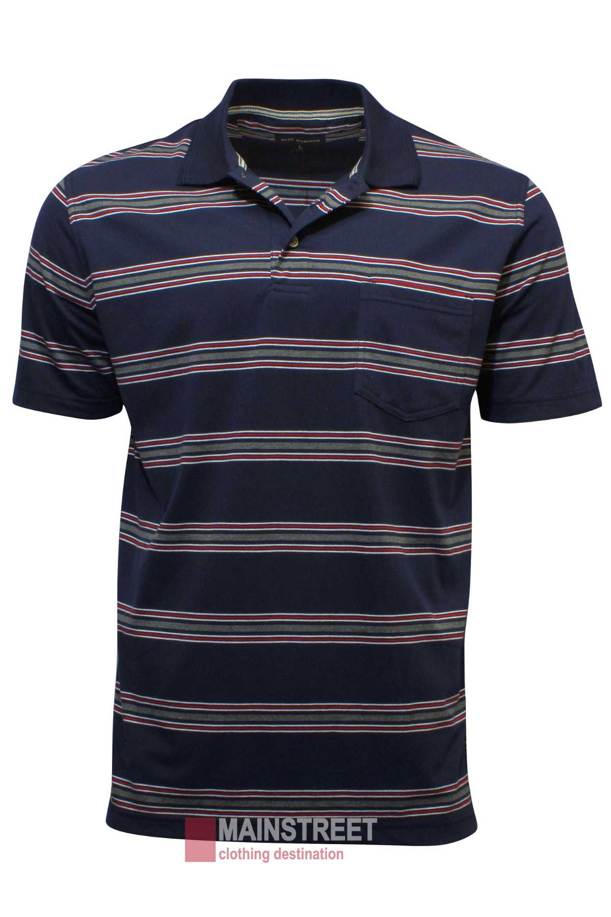 The Blue Horizon Jersey Striped Polo is a navy blue short-sleeve shirt featuring multi-colored horizontal stripes, a front pocket, and a soft cotton/polyester blend. It pops against a white backdrop with "Mainstreet" prominently displayed at the bottom.
