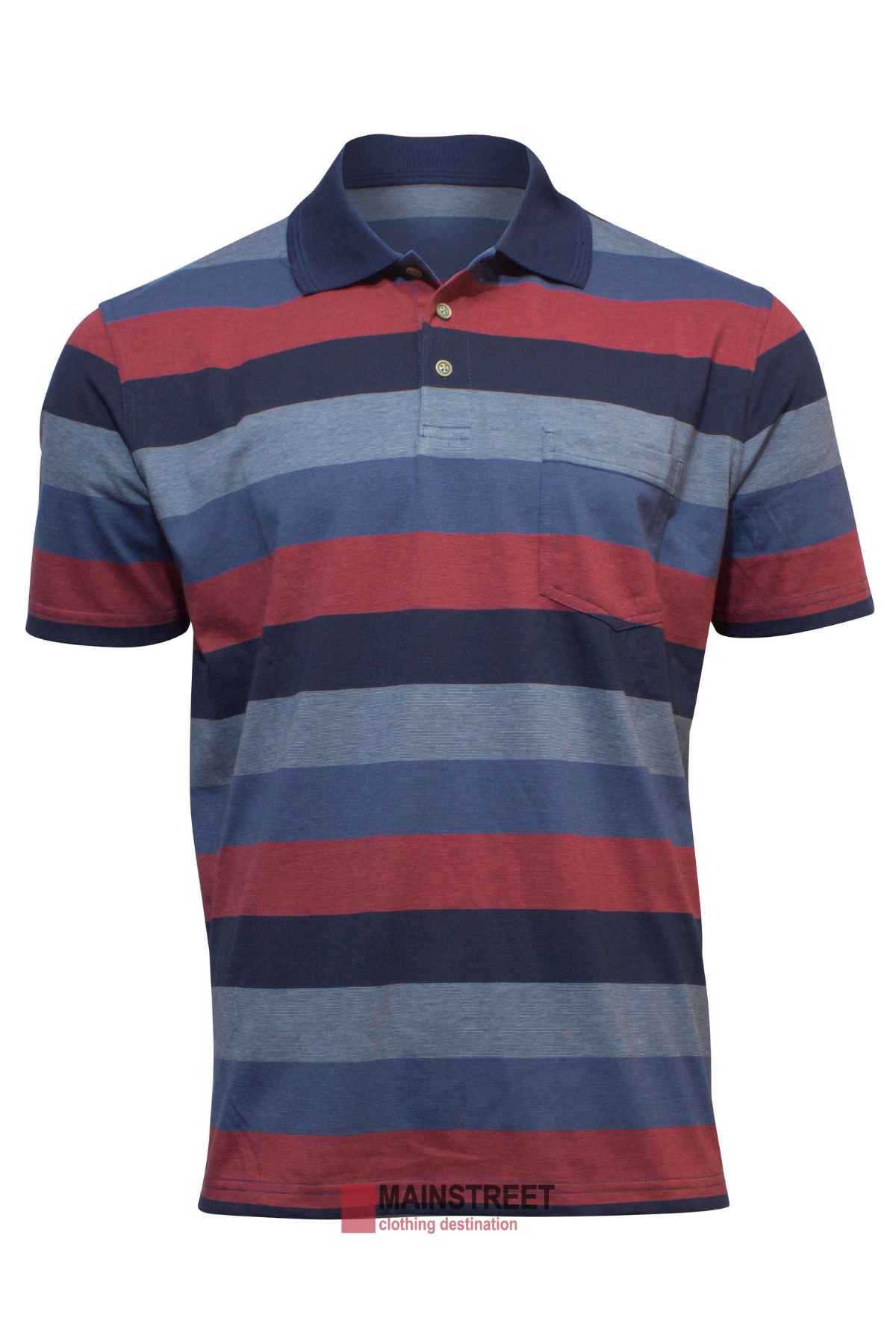 The Blue Horizon Striped Polo by MAINSTREET clothing destination features a stylish striped design in navy, red, gray, and blue. It includes a 3-button front with a collar, a handy front pocket, and the brand's subtle mark at the bottom.