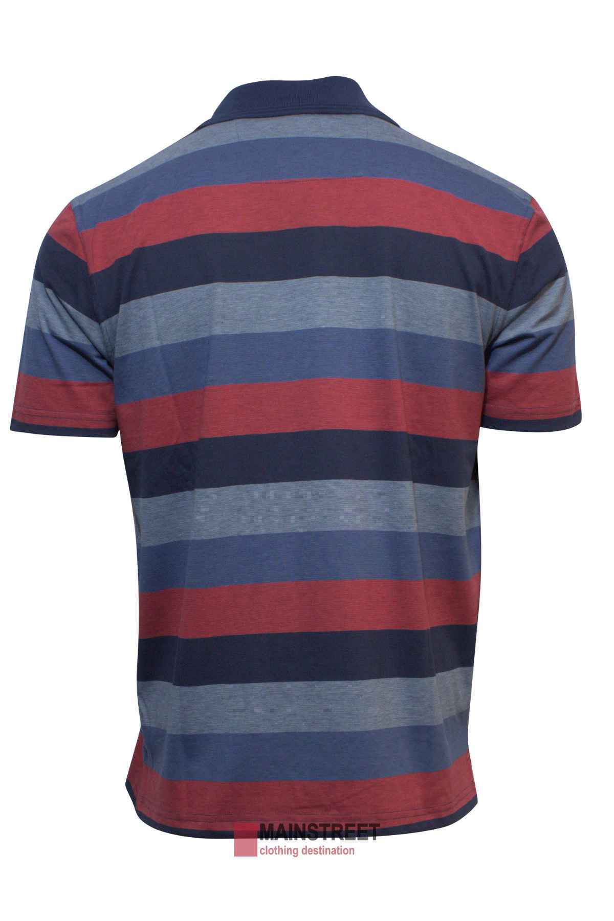 Back view of the Blue Horizon Striped Polo showcasing stripes in red, navy, and gray. It features a 3-button front, a collar, and displays the brand logo at the lower back.