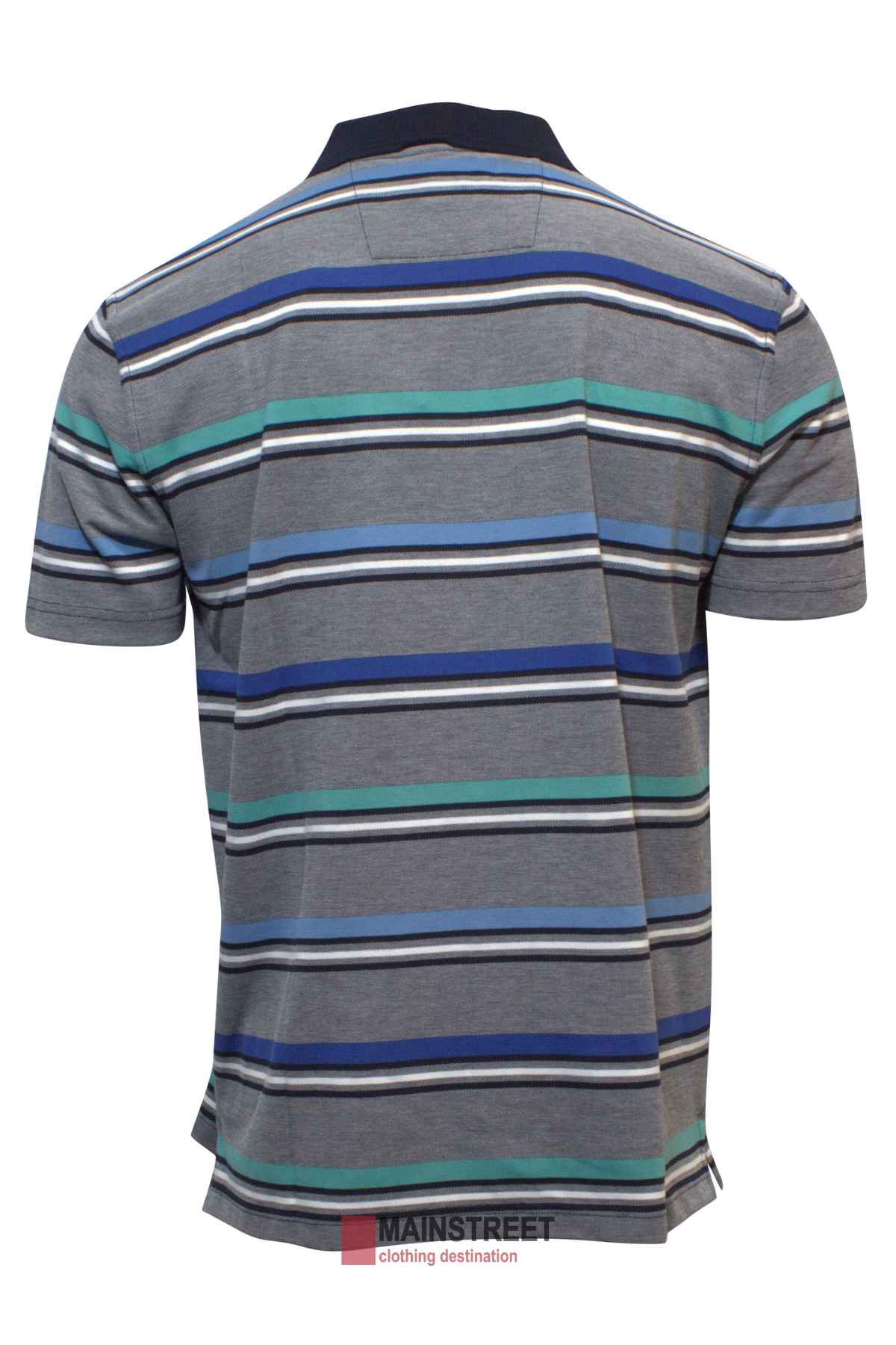 Introducing the Blue Horizon Striped Polo: a gray, short-sleeved shirt with stylish blue, green, and white stripes. Perfect for casual outings, it includes a solid dark blue collar and features a "Mainstreet" tag at the hem.