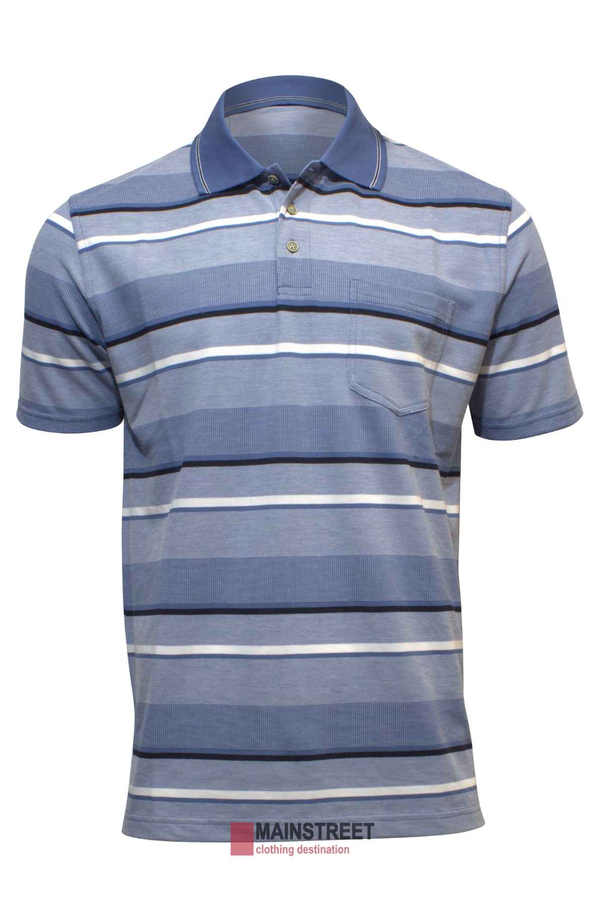 The Blue Horizon Striped Polo by Mainstreet showcases stylish blue, white, and gray stripes, a chest pocket, buttoned placket, and short sleeves for comfort.