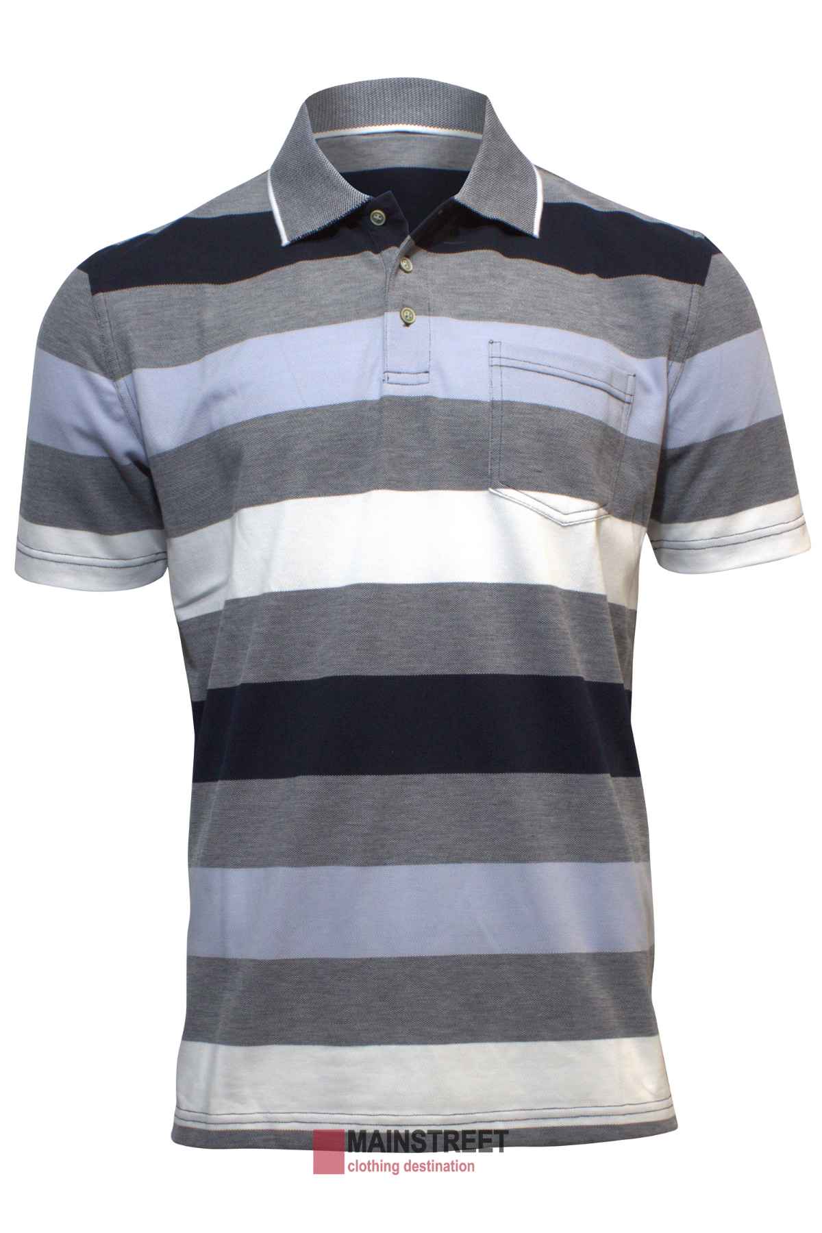 Ideal for casual outings, the Blue Horizon Striped Polo boasts horizontal bands in gray, black, white, and light blue. Featuring a collar, short sleeves, and chest pocket, it displays the "MAINSTREET clothing destination" logo at the bottom. Experience style with every wear.