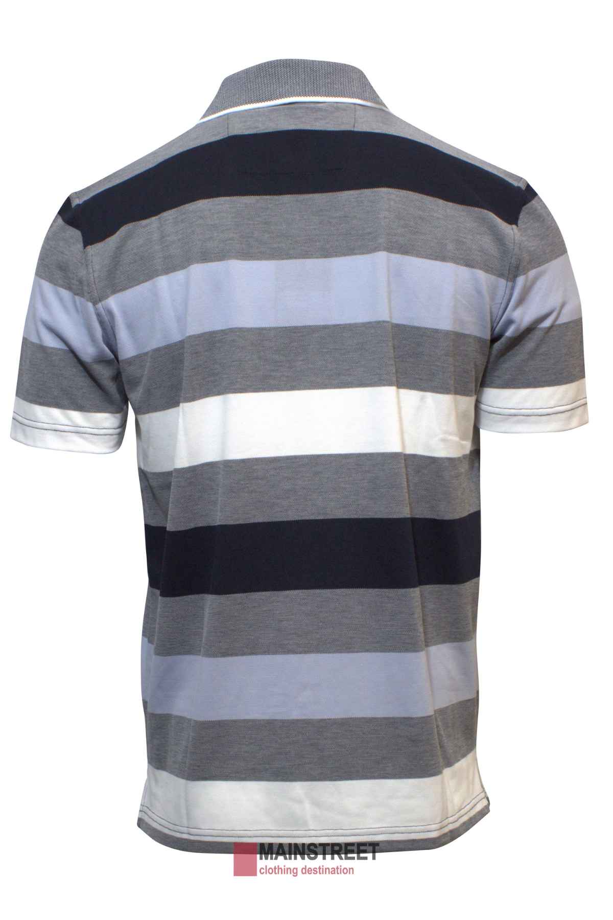 The image features the back view of a Blue Horizon Striped Polo, perfect for casual outings. It has horizontal stripes in grey, black, and white on a plain white background with the Mainstreet logo at the bottom.
