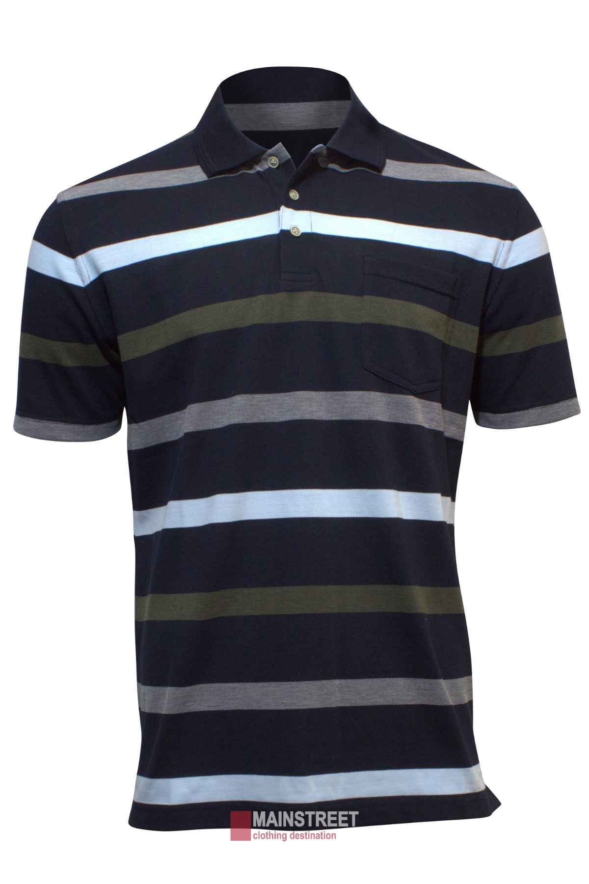 The Blue Horizon Striped Polo is a stylish black shirt with white, light gray, and olive green stripes. Crafted from a comfortable blend, it includes a three-button collar and left chest pocket for timeless appeal.