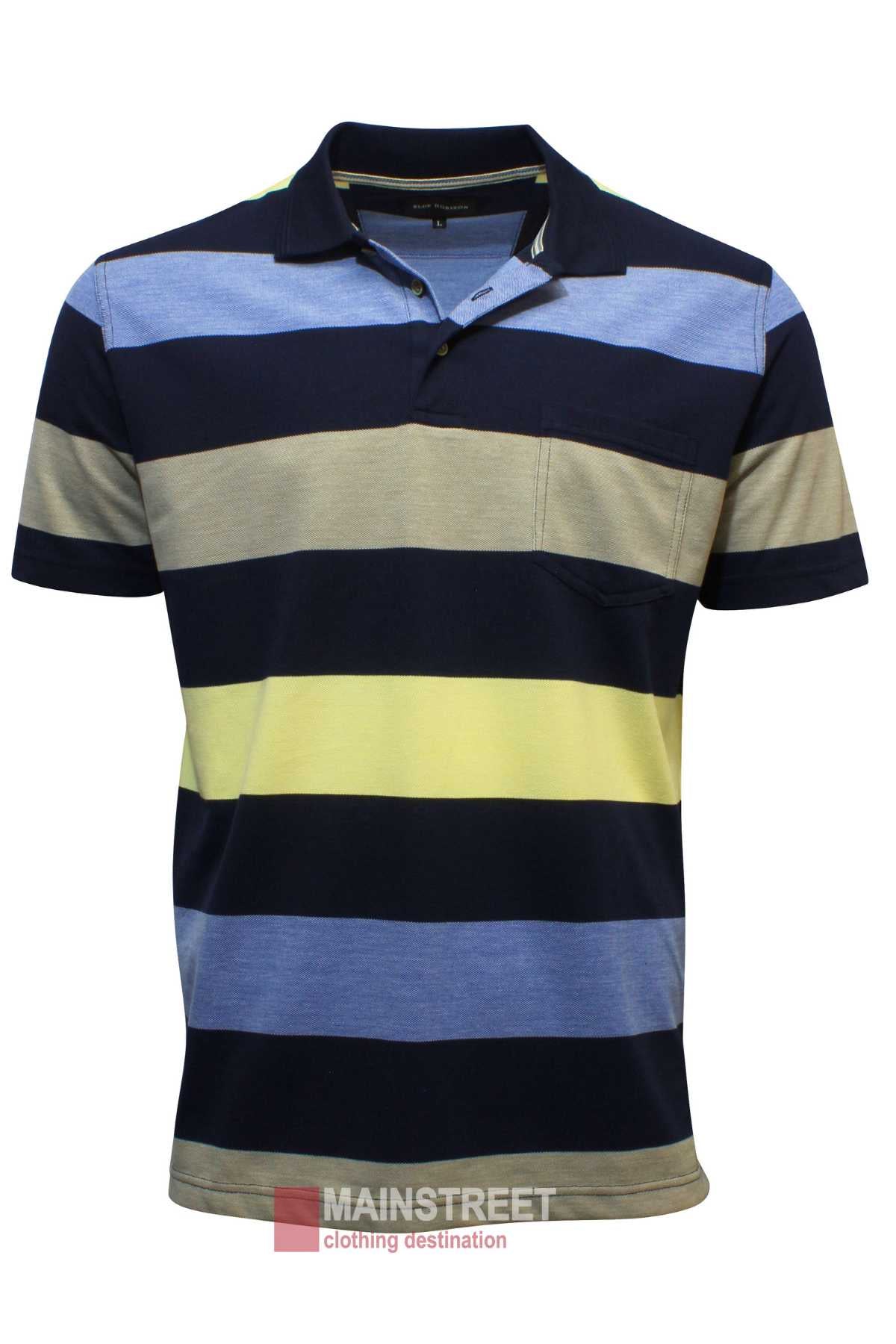 Discover the Blue Horizon Pique Striped Polo, a vibrant polo featuring horizontal stripes in blue, light blue, black, olive, and yellow. Made from a soft cotton/polyester blend with short sleeves, collar, and chest pocket. A "Mainstreet Clothing Destination" logo adorns the bottom hem.