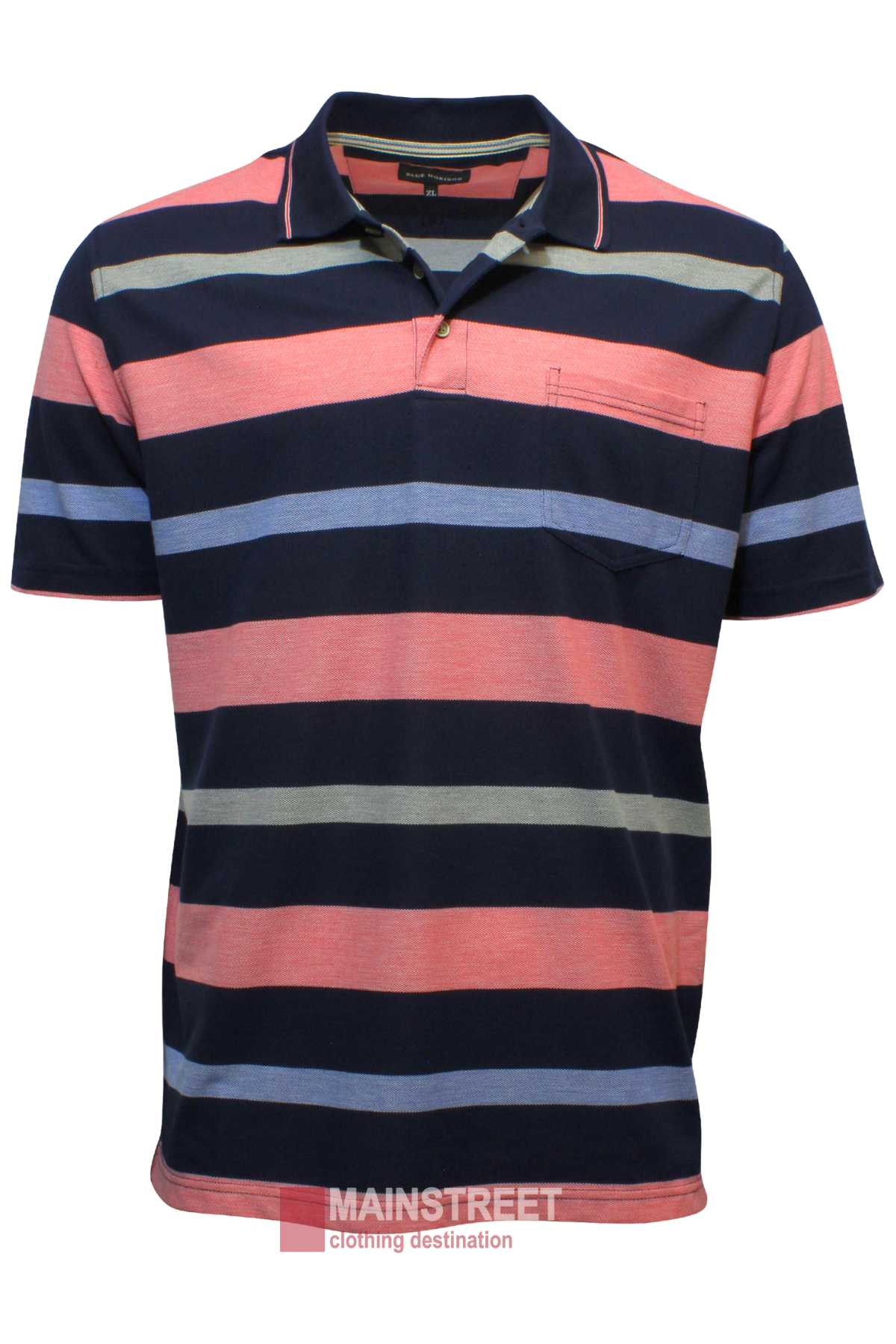 The Blue Horizon Pique Striped Polo has short sleeves, a collar, chest pocket, partial button placket, and horizontal stripes in navy blue, coral, light blue, and gray for breathable comfort and a classic look.