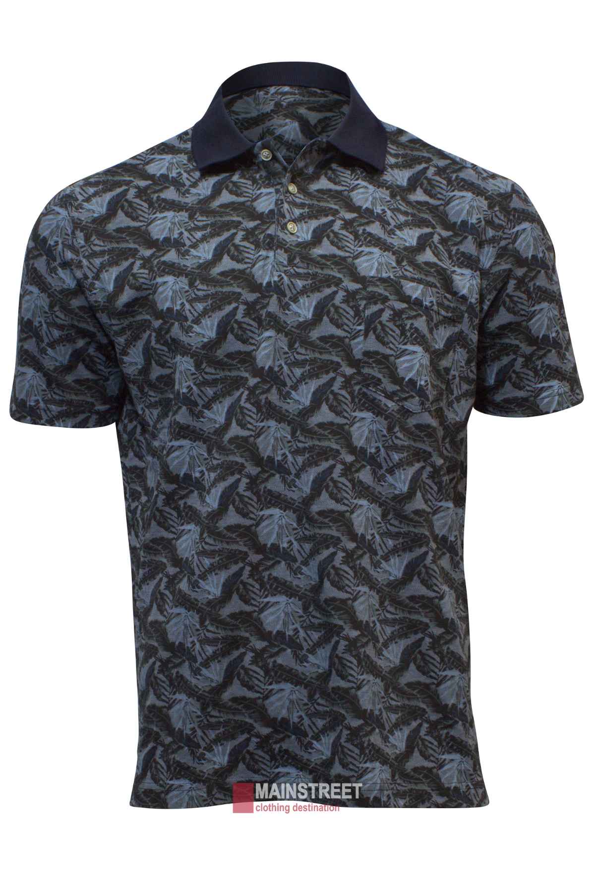 Introducing the Blue Horizon Print Polo, a stylish short-sleeved shirt featuring a dark leaf pattern in blue and gray shades. It includes a classic 3-button front, black collar, and subtly placed "Mainstreet" logo at the bottom for added class.
