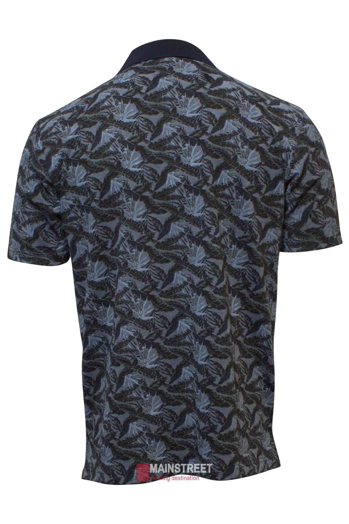 Back view of the Blue Horizon Print Polo showcases a stylish leaf pattern in dark gray and light blue. This short-sleeve shirt features a classic 3-button front, collar, and the "Mainstreet Destination" label at the hem.