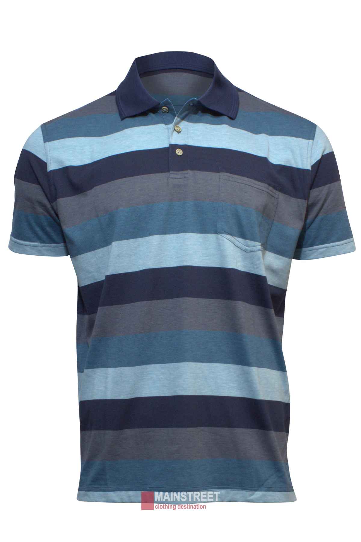 The Blue Horizon Striped Polo features wide blue and gray stripes, a collar, classic 3-button front, and chest pocket. It is short-sleeved and shown on a plain white background.