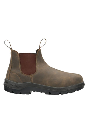 The Blundstone 730 WorkLife Series Non Safety Boots are brown leather Chelsea slip-ons with elastic side panels, front and back pull tabs, and a black rubber sole—perfect for comfortable all-day wear.