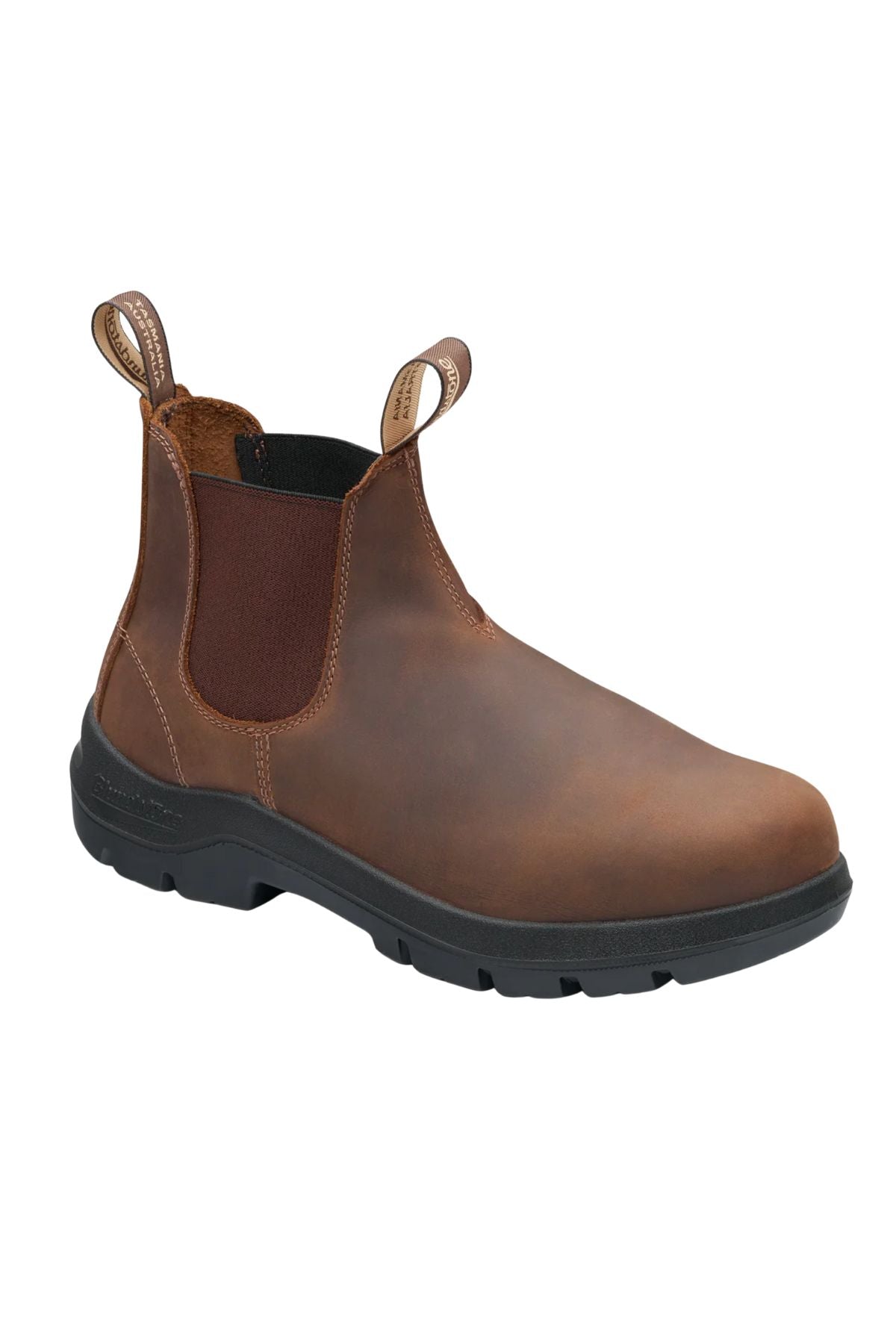 The Blundstone 720 WorkLife Series Non Safety Boots feature premium Teak leather, black elastic side panels, front and back pull tabs, and a thick black rubber sole in a classic Chelsea work boot style.
