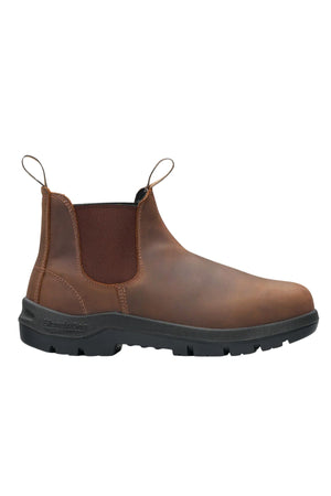 A single Blundstone 720 WorkLife Series Non Safety Boot in brown Teak leather with a black rubber sole, elastic side panels, and front and back pull tabs is displayed on a white background.