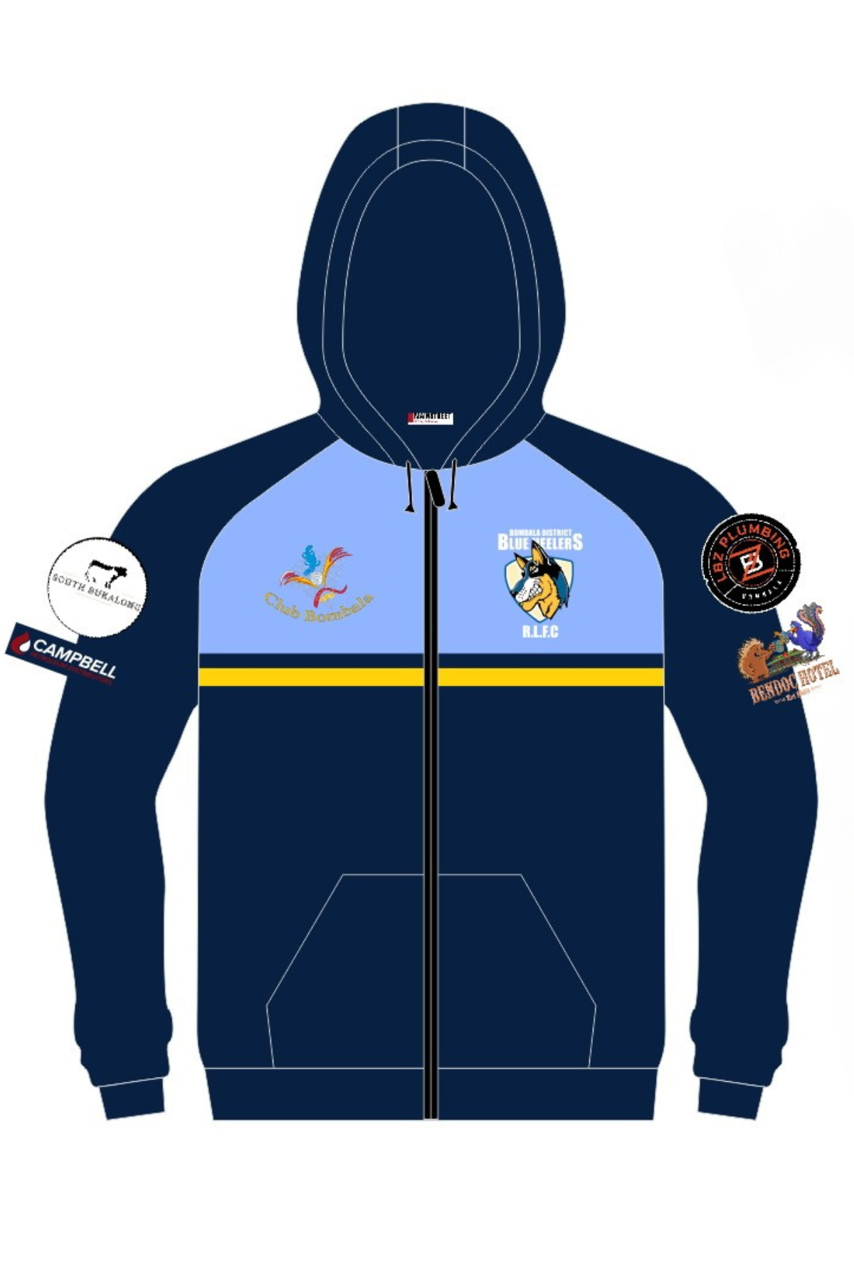 The Bombala Blue Heelers Full Zip Polar Fleece Hoodie features navy blue with light blue panels, a yellow chest stripe, club and sponsor logos, front pockets, and is available for pre-order with a minimum order quantity.