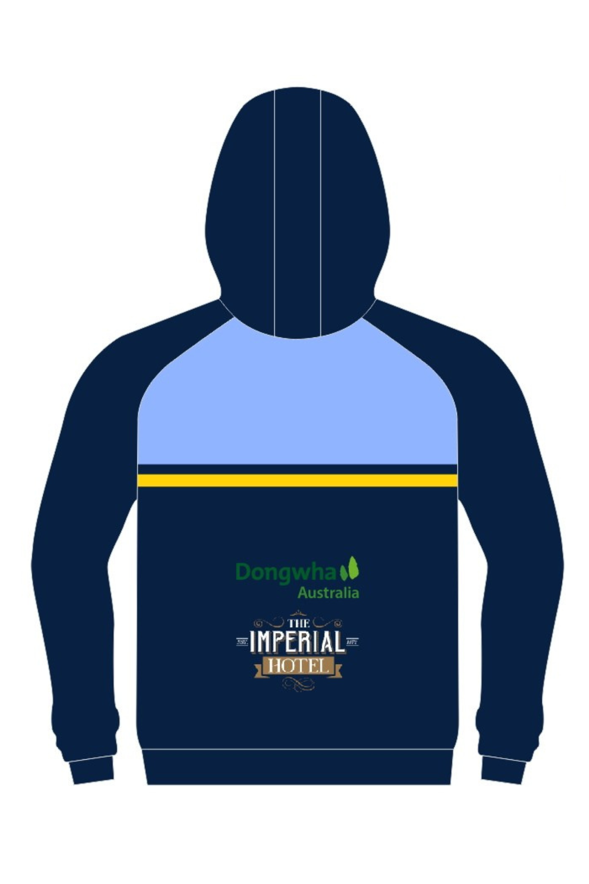 The Bombala Blue Heelers Pullover Cotton Lined Hoodie is navy with a light blue upper panel, yellow and white back stripes, and "Dongwha Australia" & "The Imperial Hotel" logos on the lower back. PRE-ORDER item.