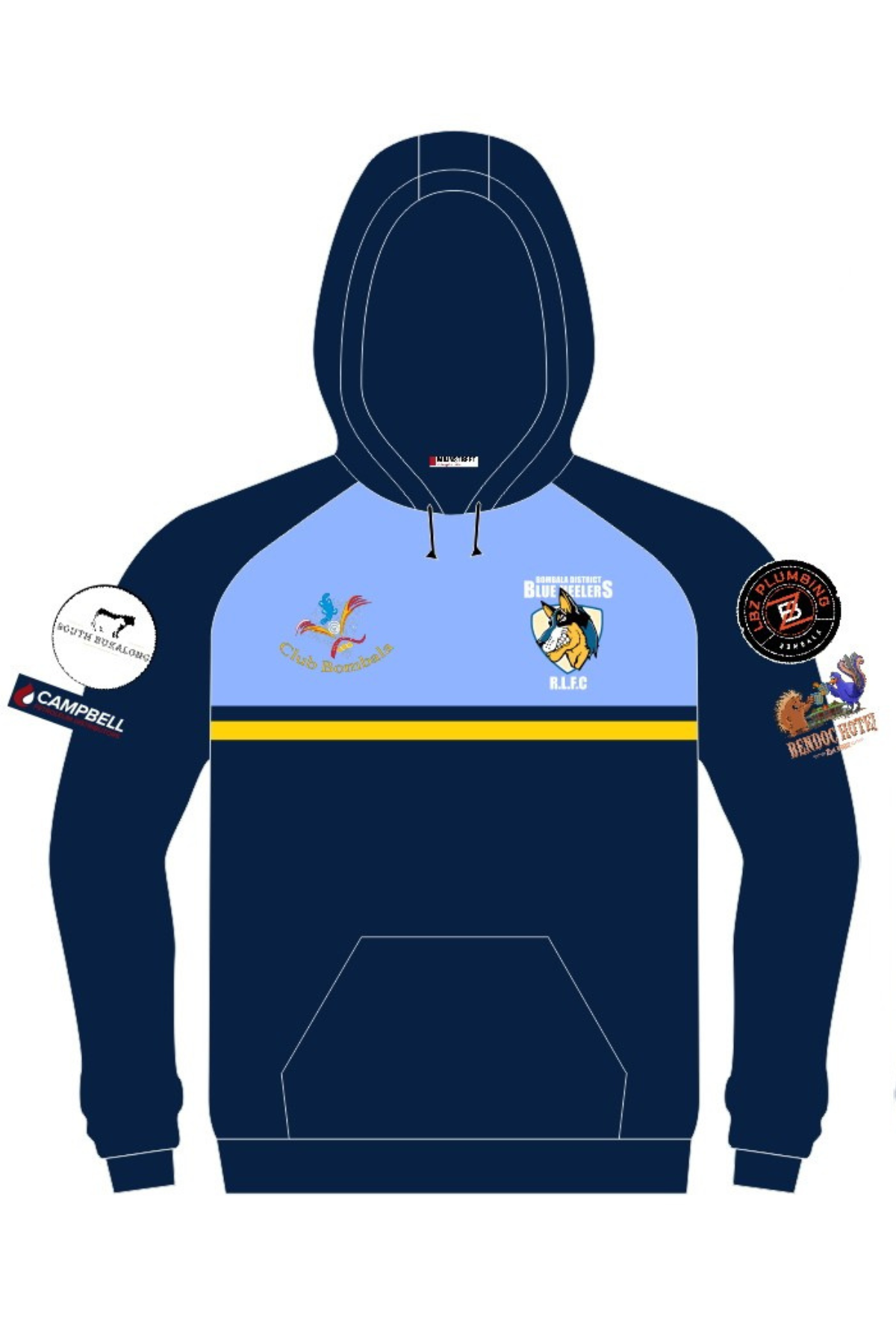 The Bombala Blue Heelers Pullover Cotton Lined Hoodie PRE-ORDER is a navy and light blue sports hoodie with a yellow chest stripe, multiple logos on chest and sleeves, front pocket, and drawstring hood.